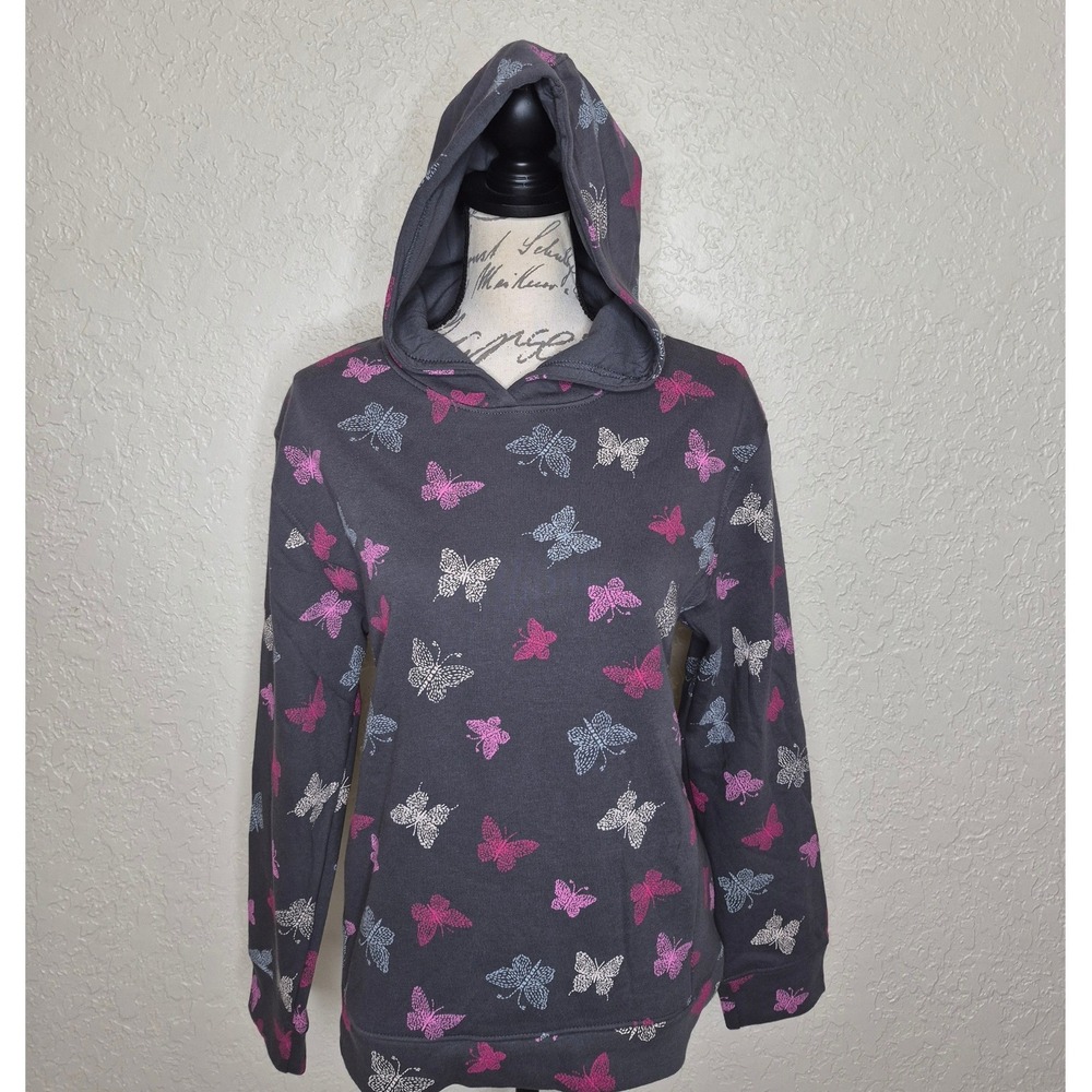BCG Girls XL 16 Butterfly Print Pullover Hoodie Charcoal Gray Pink Long Sleeve